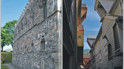 Стена в крепости Бергенхус и улочка старого квартала